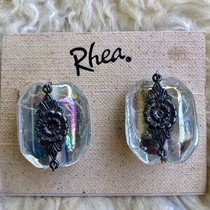 Iridescent glass metal flower clip on earrings